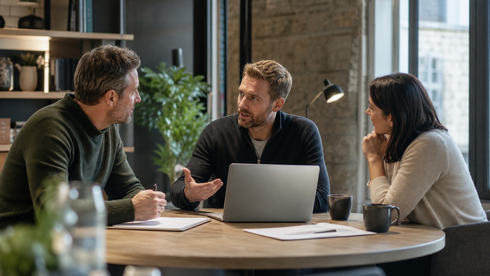 vCISO advisory session - a security consultant discussing cyber security compliance and certification requirements with UK business owners around a meeting table